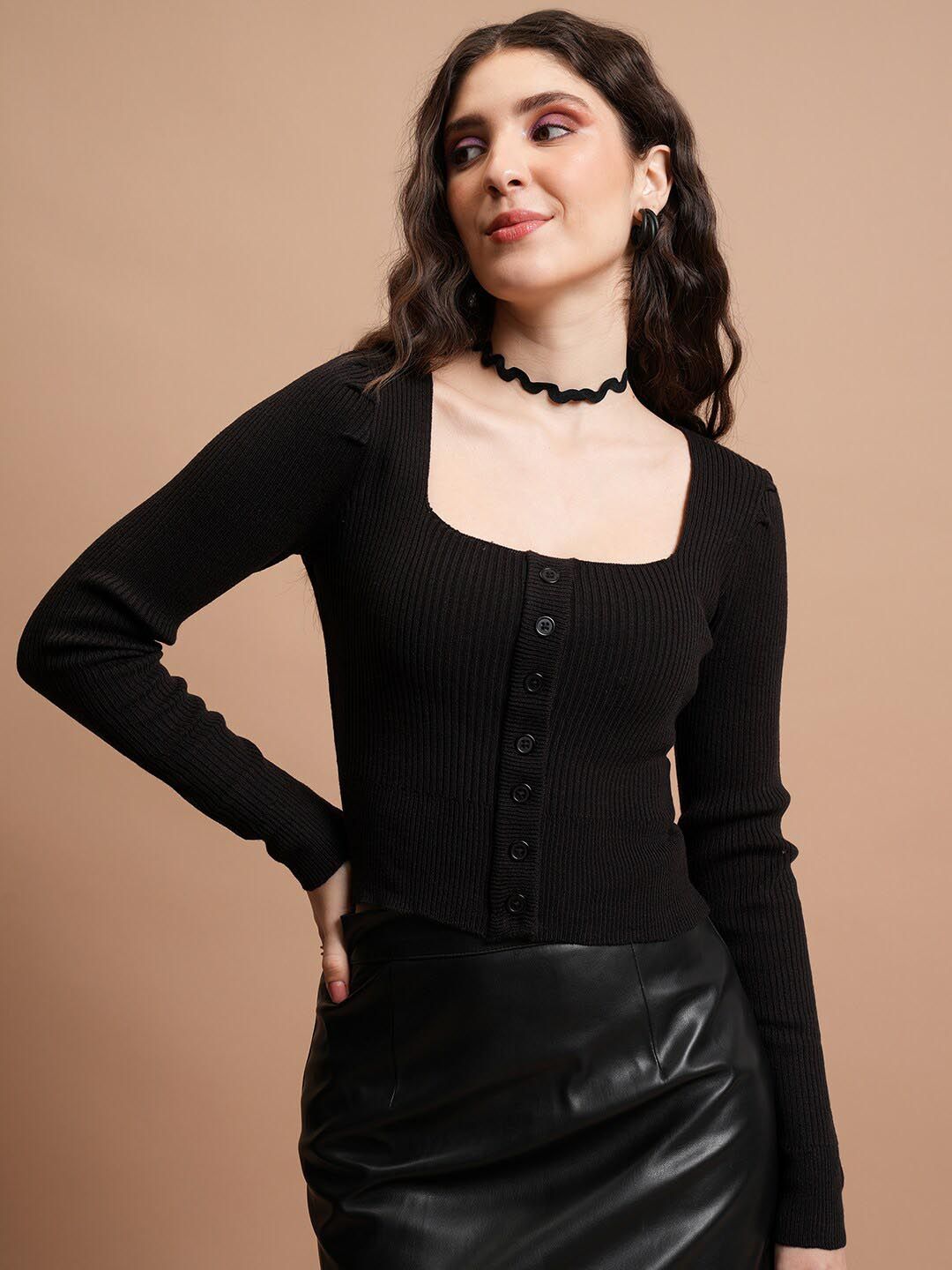 Tokyo Talkies Black Ribbed Crop Acrylic Front-Open Sweaters