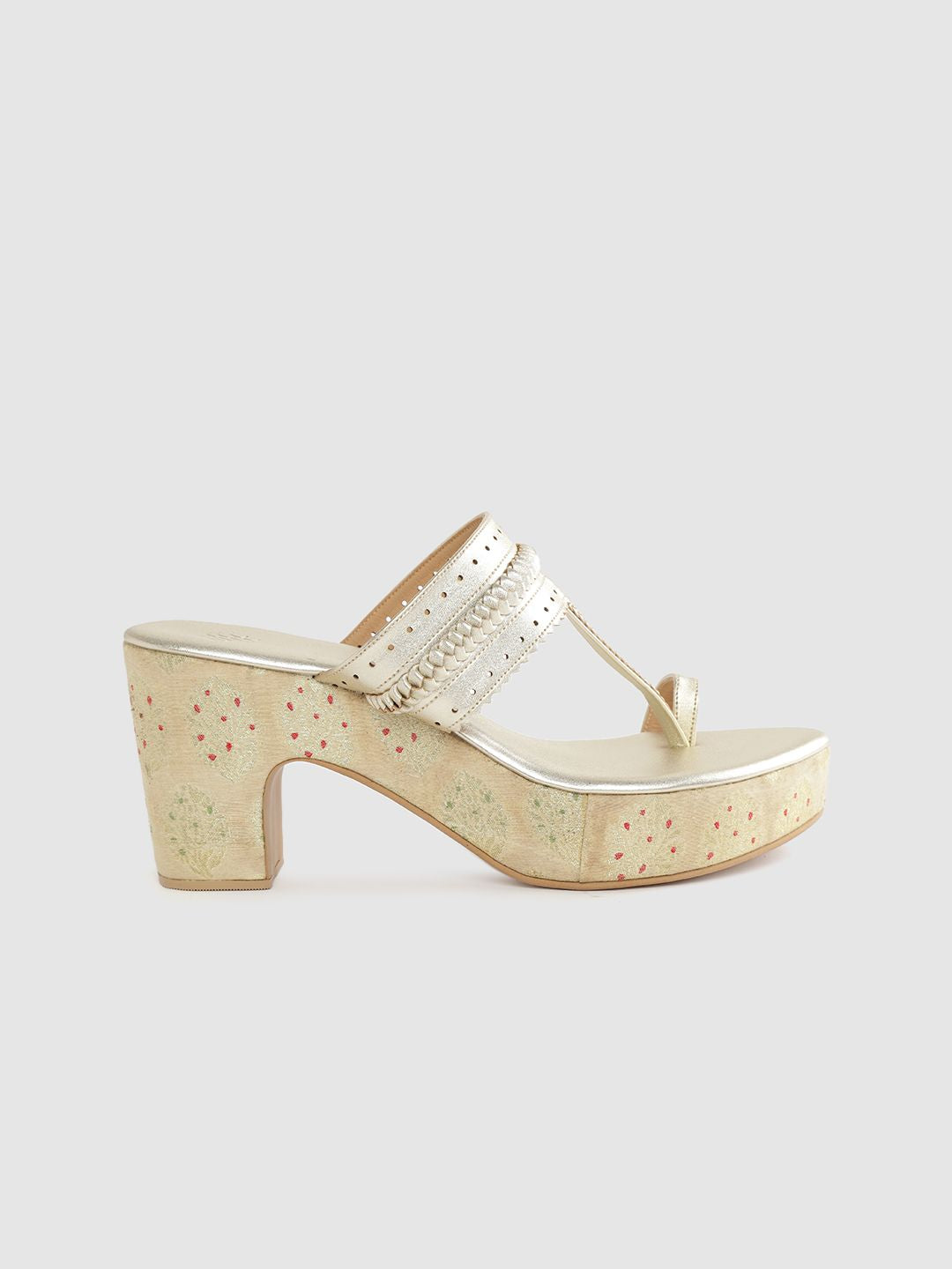 House of Pataudi Women Gold-Toned Braided Detail Handcrafted One-Toe Block Heels