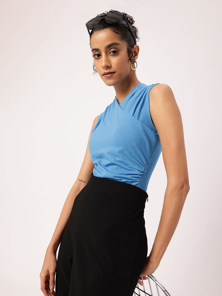 Feminine Blue Wrap Bliss Gathers Bodysuit