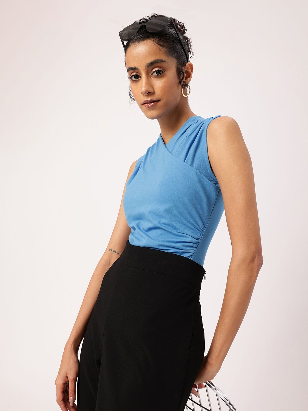 Feminine Blue Wrap Bliss Gathers Bodysuit