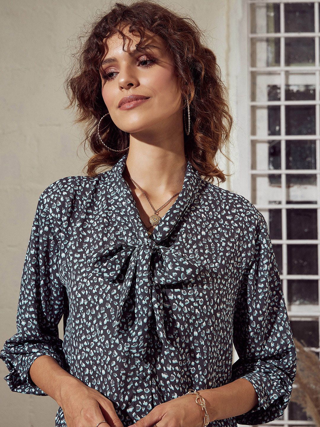SASSAFRAS Charcoal Animal Printed Tie-Up Neck Shirt Style Top