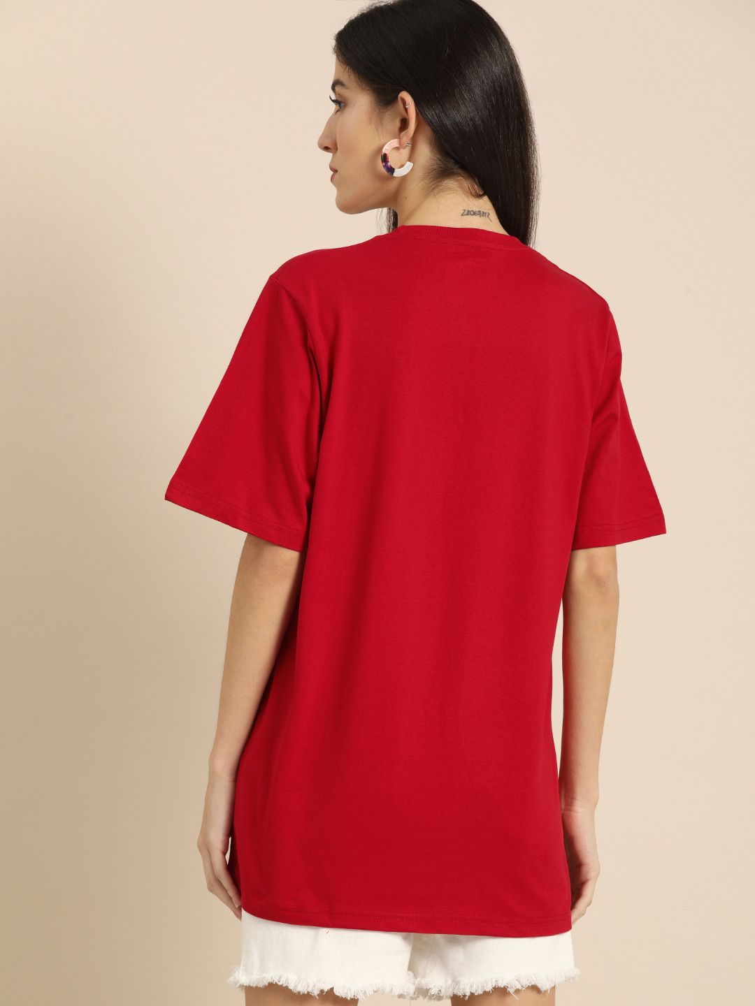 DILLINGER Women Red Printed Round Neck  Longline Oversized Pure Cotton T-shirt