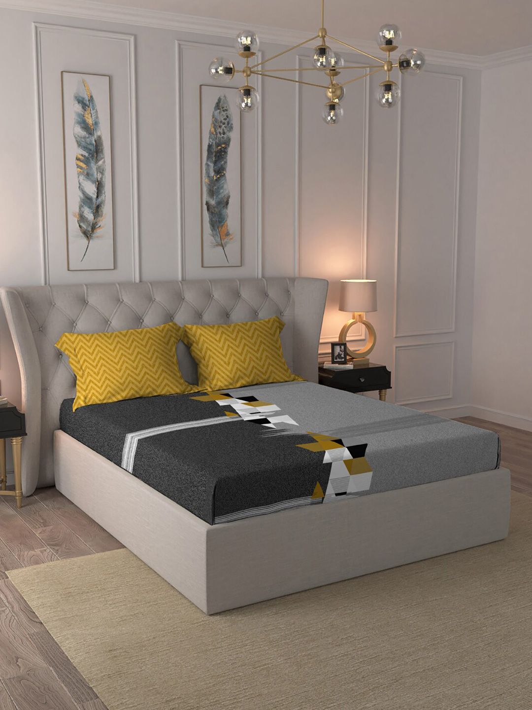 MYTRIDENT Grey Melange  White Geometric Cotton 144 TC Queen Bedsheet With 2 Pillow Covers