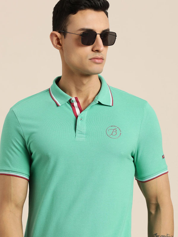 Menjadi T-shirt Lelaki Polo Hijau Laut Manusia T-shirt Slim Cotton Fit dengan Cetakan Logo Jenama