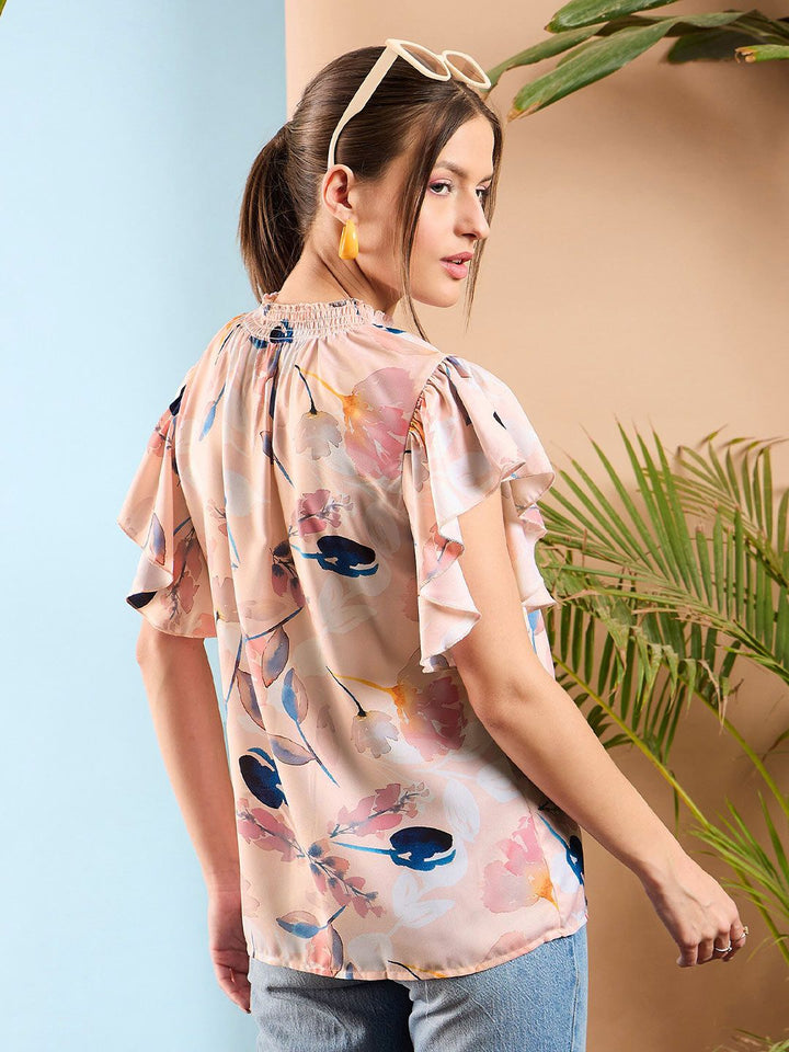 SASSAFRAS Floral Printed Flared Sleeve Smocked Top