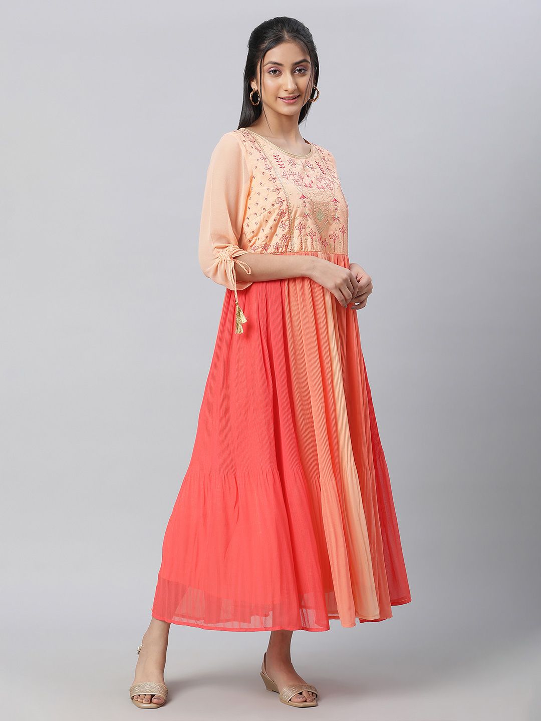 AURELIA Women Floral Embroidered Round Neck Fit and Flare Maxi Dress