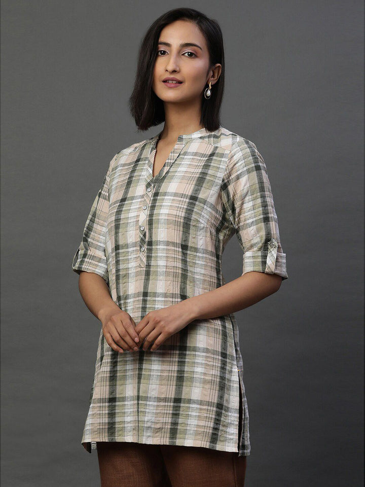 AURELIA Checked Mandarin Collar Pure Cotton Kurti