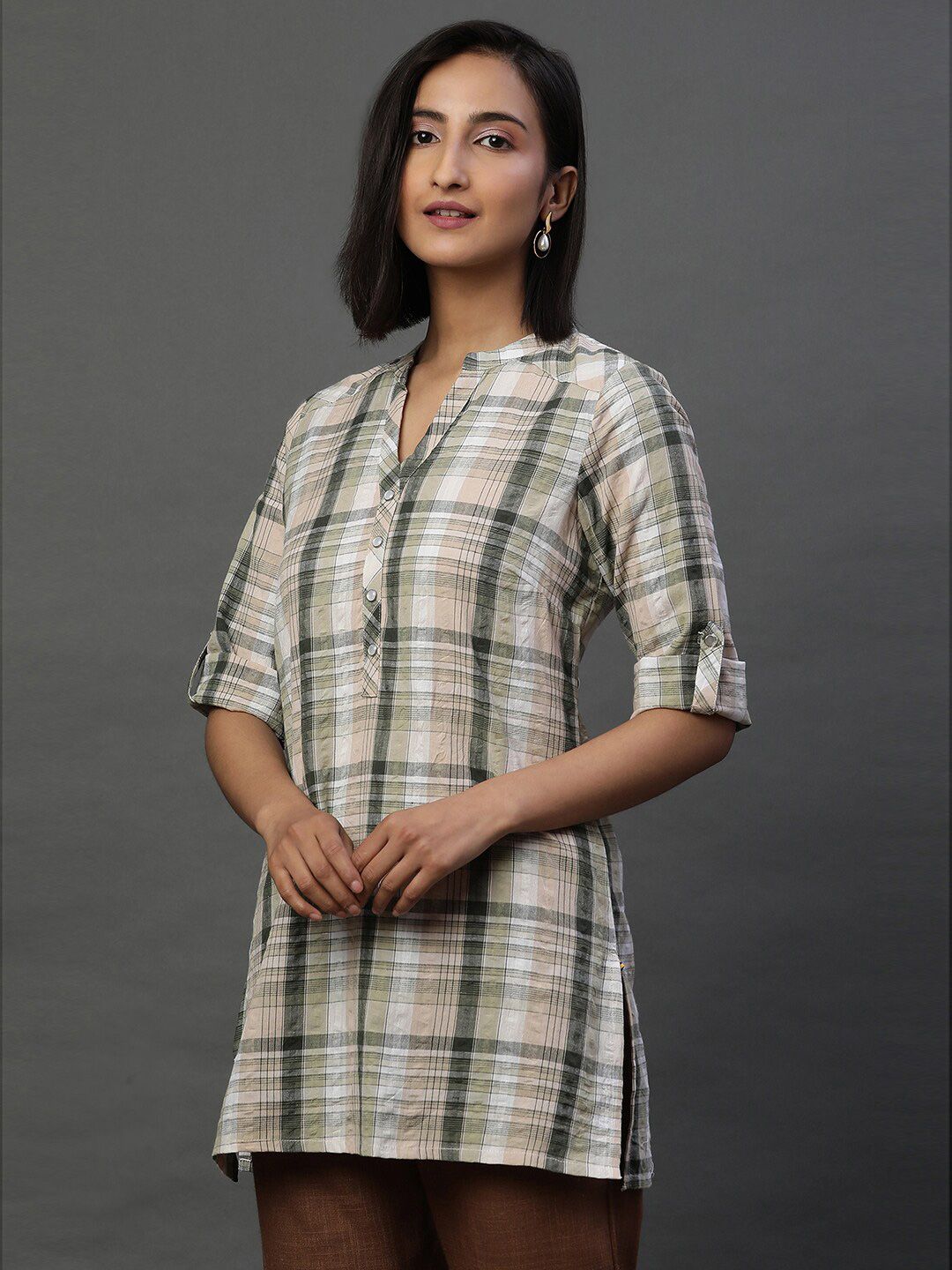 AURELIA Checked Mandarin Collar Pure Cotton Kurti