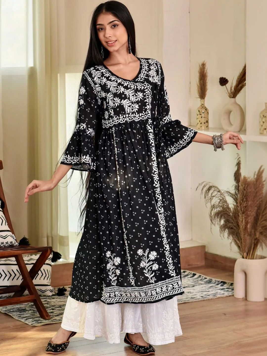 Rumah Wanita Chikankari Motif Etnik Bercetak Lengan Berkobar Cetakan Indie Kurta