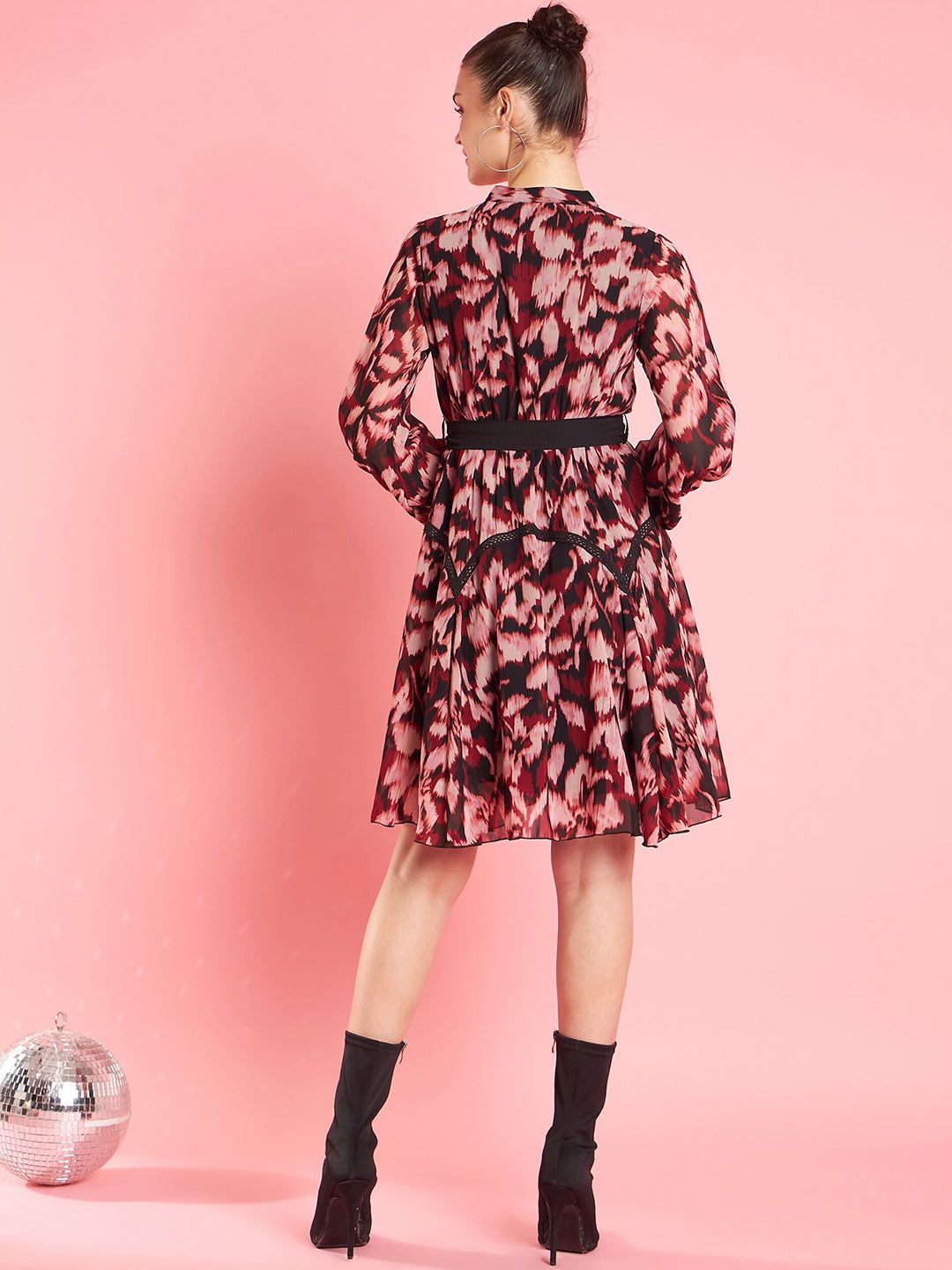 Antheaa Rust Animal Printed Flared Sleeve A-Line Opaque Party Dress