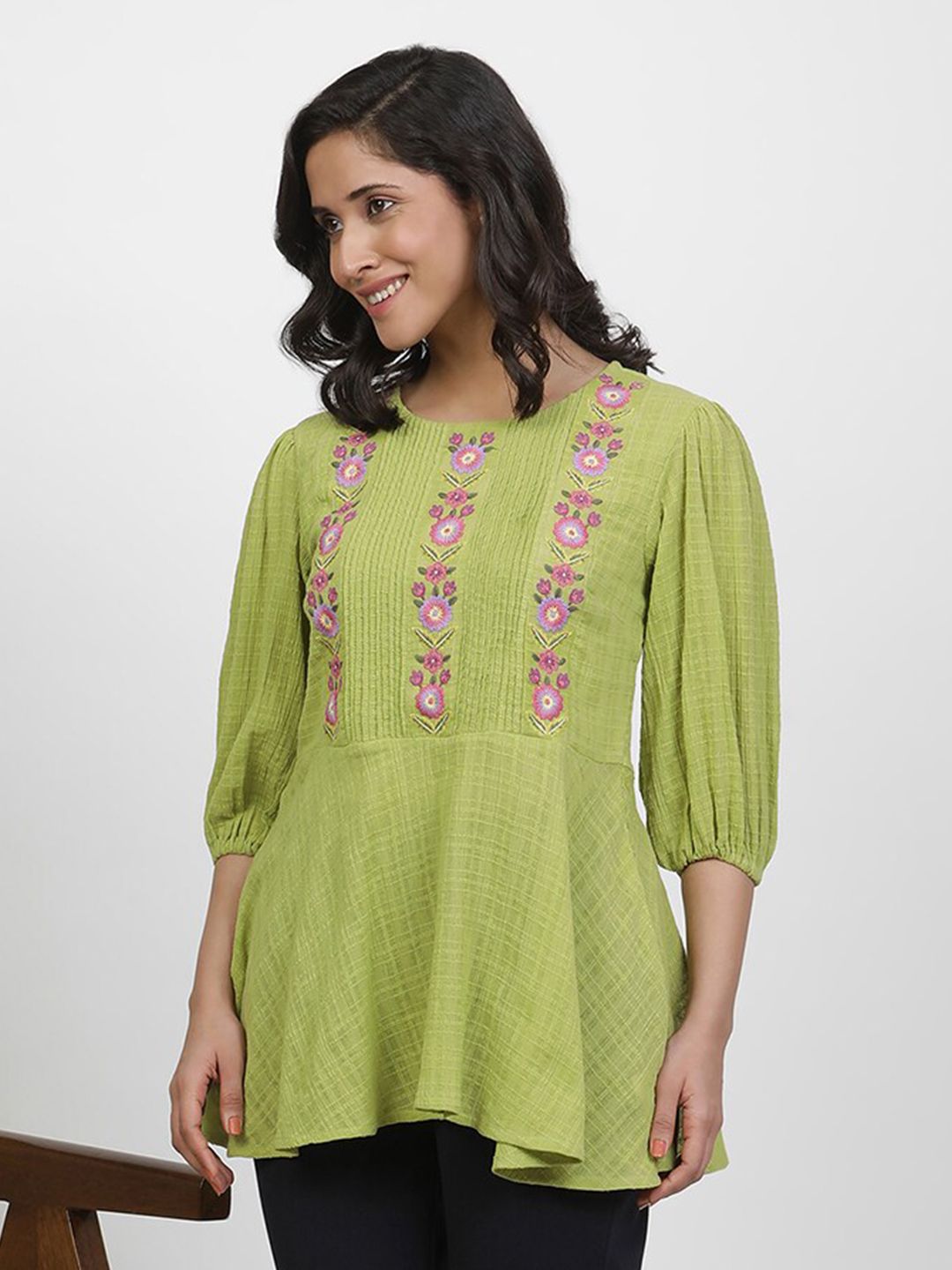 W Floral Embroidered Puffed Sleeves Pure Cotton Longline A-Line Top