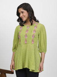 W Floral Embroidered Puffed Sleeves Pure Cotton Longline A-Line Top