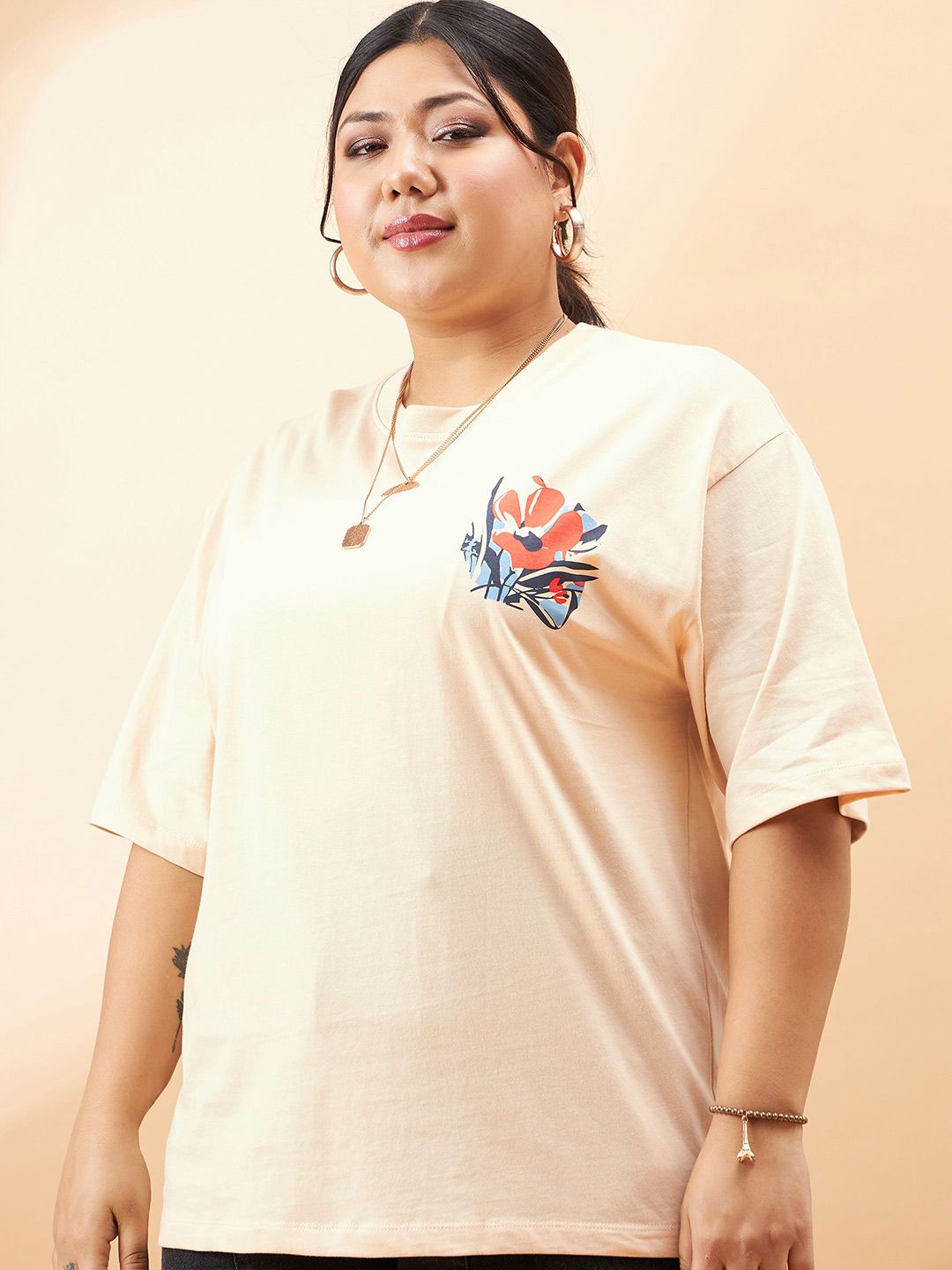 SASSAFRAS Curve Plus Size Floral Printed Pure Cotton Relaxed Fit T-shirt