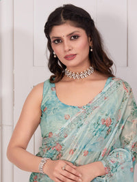 Saree mall Floral Printed Beads & Stones Organza Saree