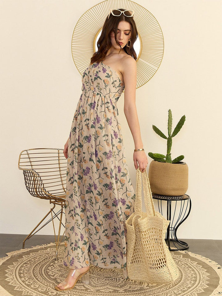 Berrylush Beige Floral Printed One Shoulder Flared Maxi Dress