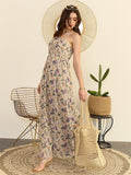Berrylush Beige Floral Printed One Shoulder Flared Maxi Dress