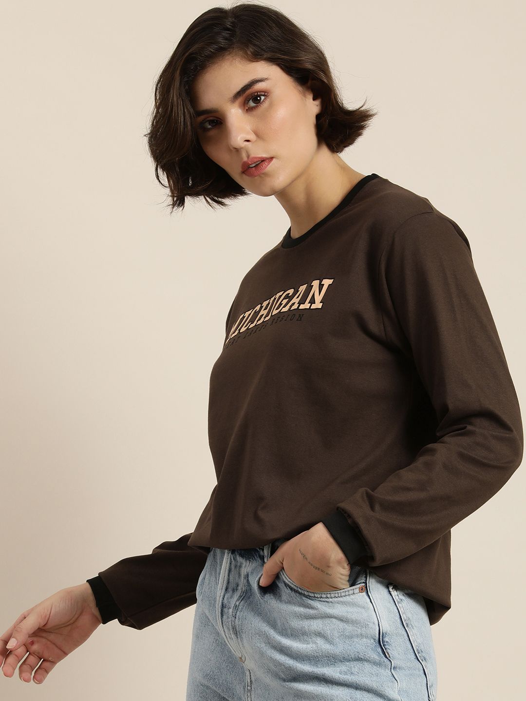 DILLINGER Women Coffee Brown Typography Printed Pure Cotton Loose T-shirt