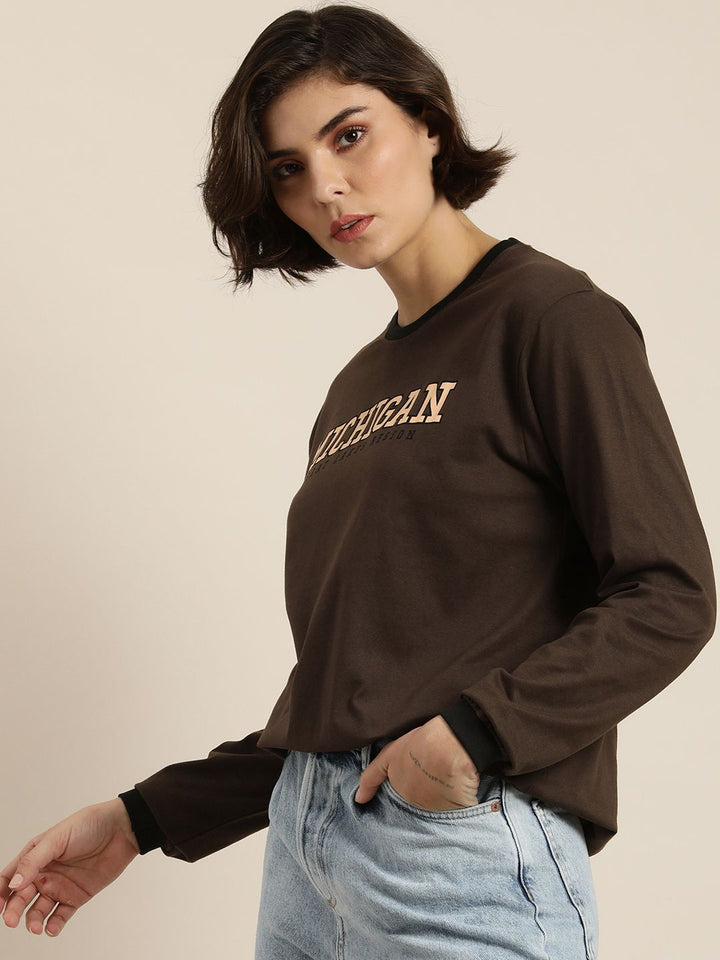 DILLINGER Women Coffee Brown Typography Printed Pure Cotton Loose T-shirt