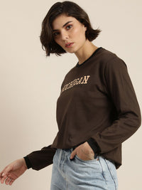 DILLINGER Women Coffee Brown Typography Printed Pure Cotton Loose T-shirt