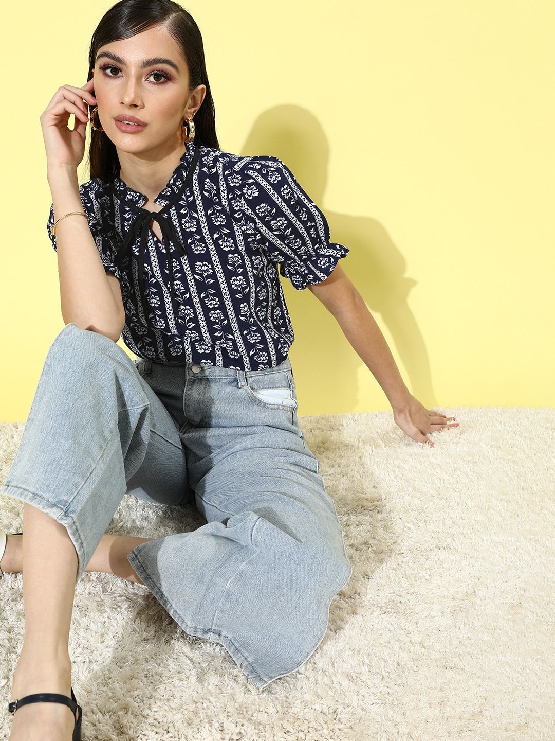 DressBerry Women Deep Navy Blue Romantic Florals Top