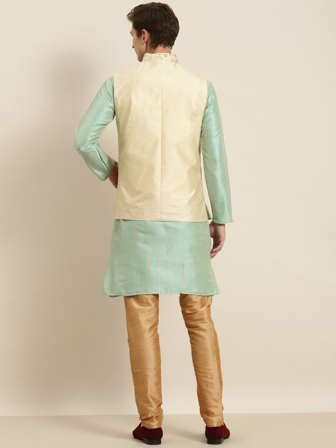 SOJANYA Kurta Belang Hijau Laut Lelaki dengan Jaket Churidar & Nehru
