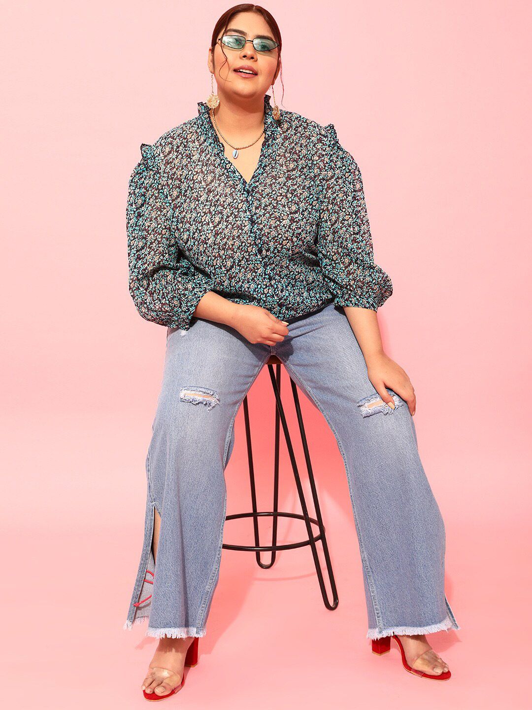 CURVY STREET Plus Size Floral Printed Puff Sleeves Satin Top