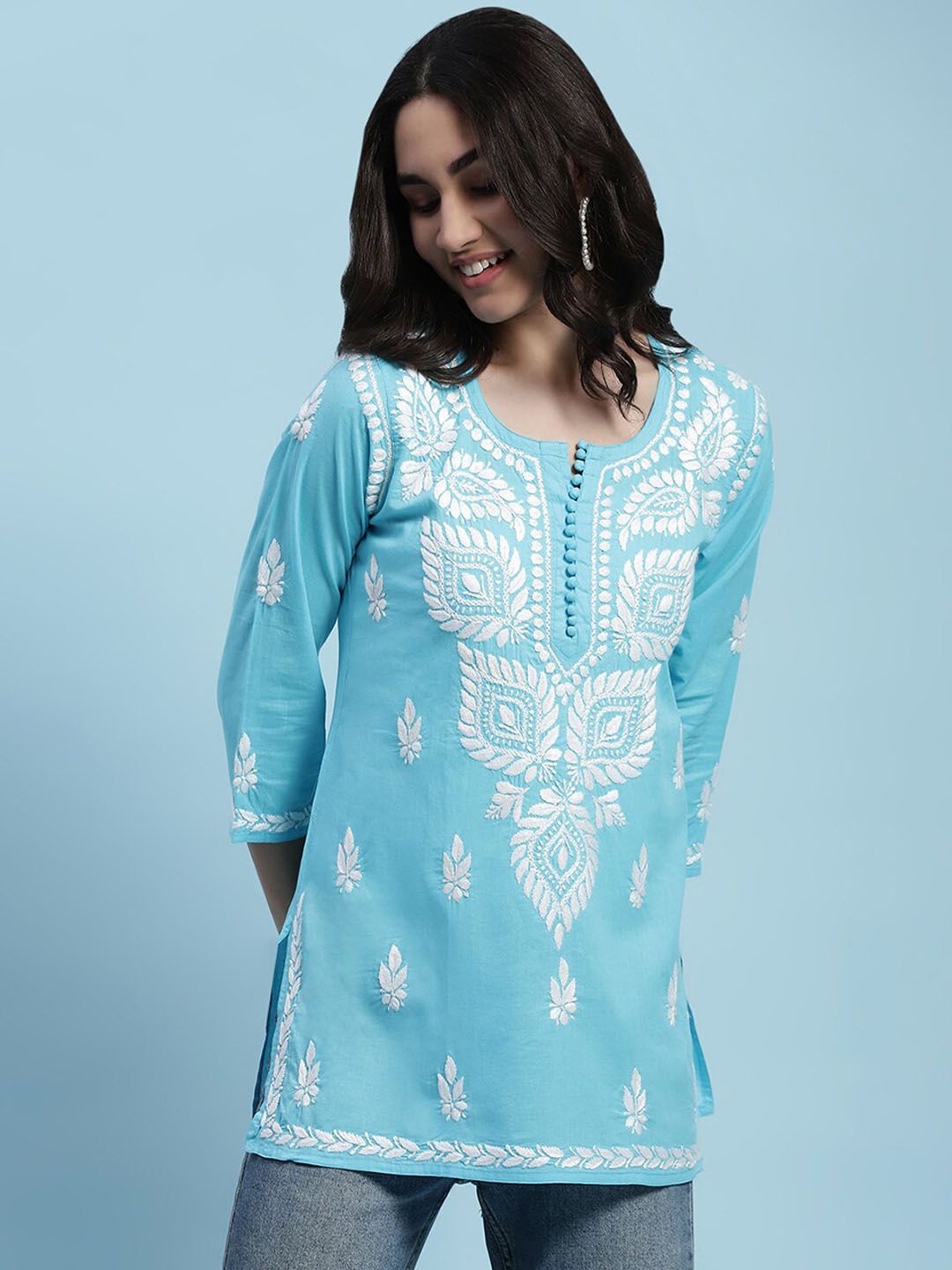 Rumah Wanita Chikankari Kapas Biru Chikankari Sulam Kurti