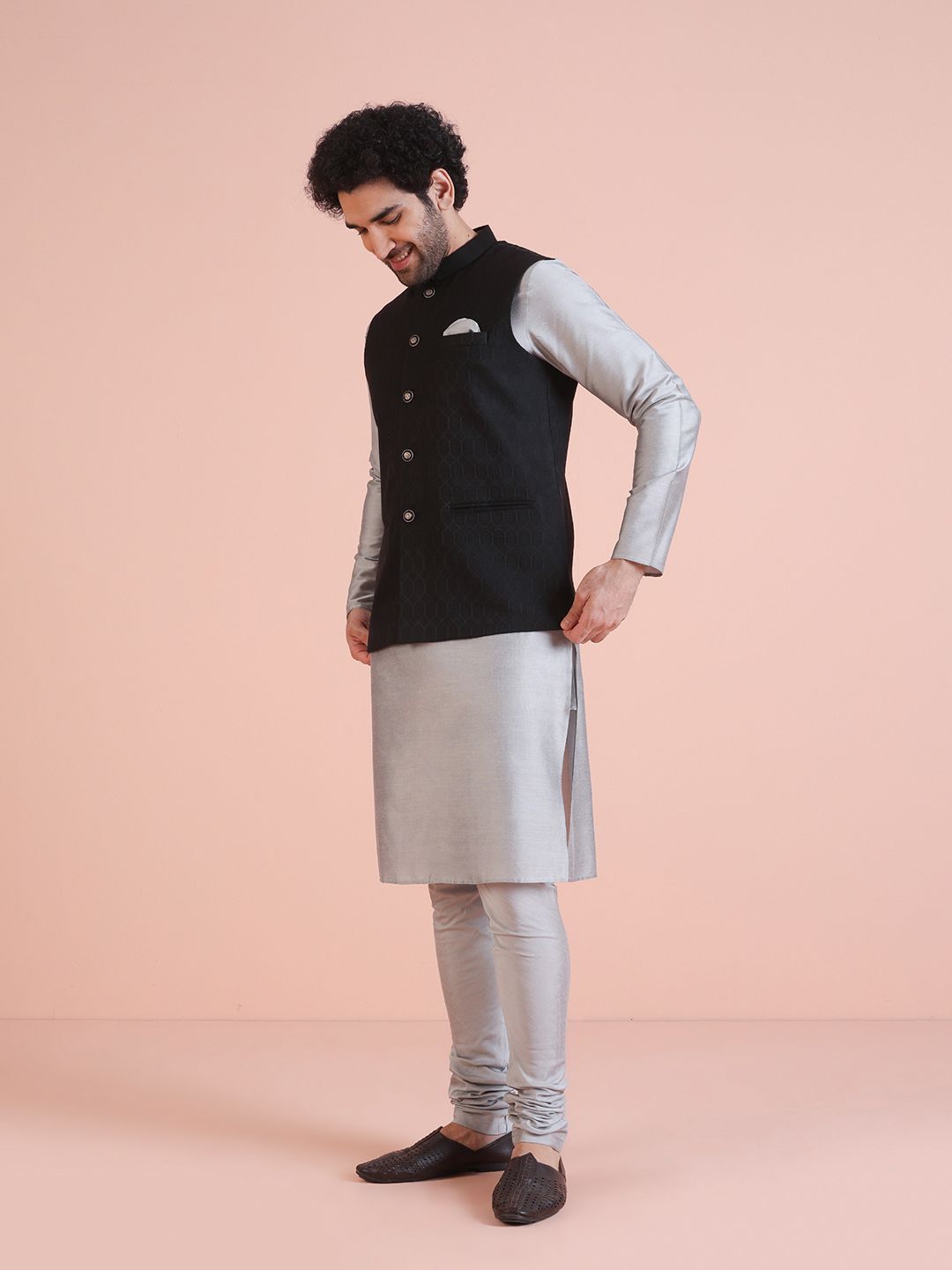 KISAH Men Woven Jacquard Regular Fit Ethnic Motifs Nehru Jacket