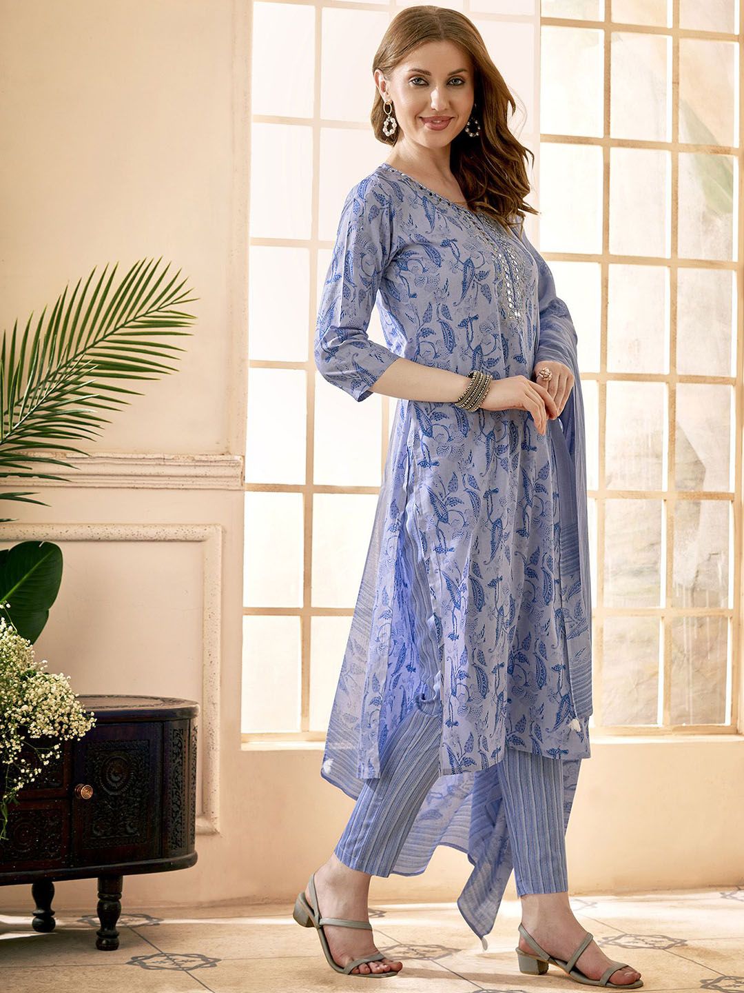 Anouk Blue Floral Embroidered Mirror Work V-Neck Pure Cotton Kurta With Trousers & Dupatta