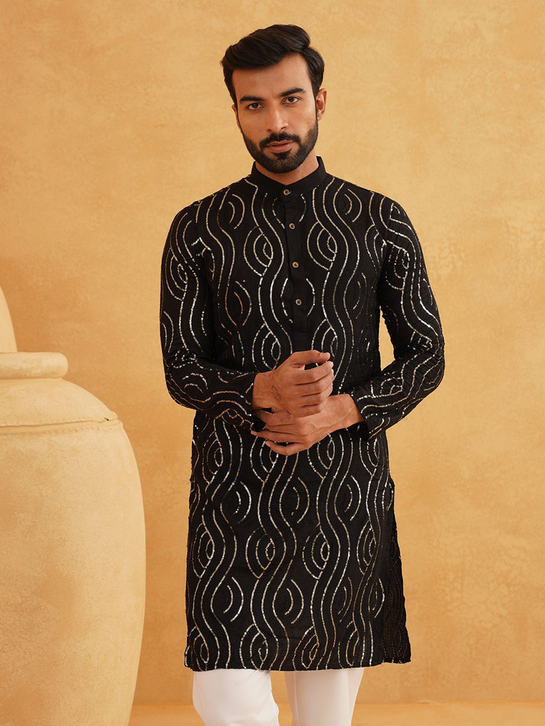 SOJANYA Ethnic Motifs Embroidered Sequinned Pure Cotton Kurta With Churidar