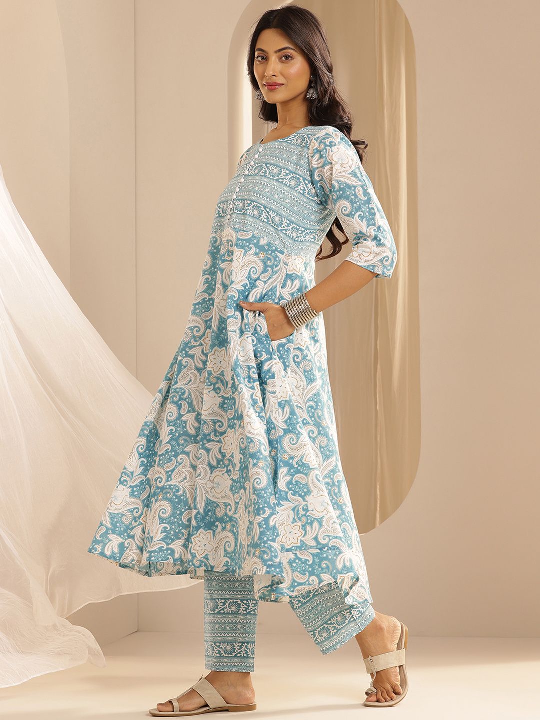 Libas Floral Printed Pure Cotton Anarkali Kurta with Trousers & Dupatta