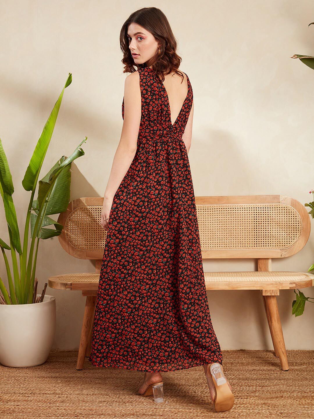 Berrylush Black & Red Floral Printed V-Neck Gathered Georgette Maxi Dress