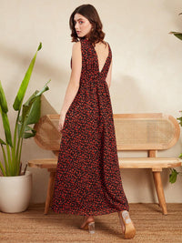 Berrylush Black & Red Floral Printed V-Neck Gathered Georgette Maxi Dress