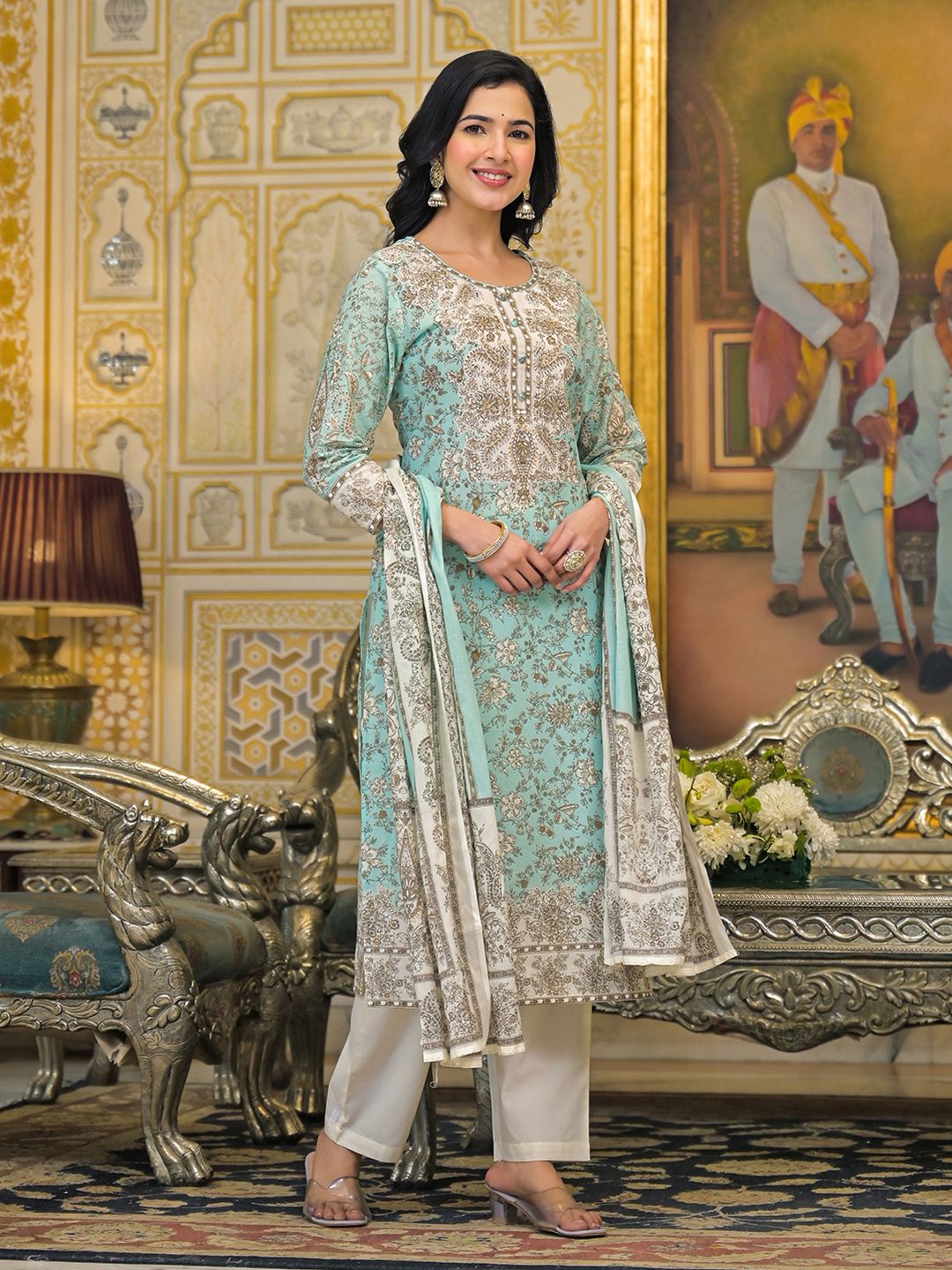 Varanga Women Floral Printed Regular Beads and Stones Pure Cotton Kurta with Trousers & With Dupatta