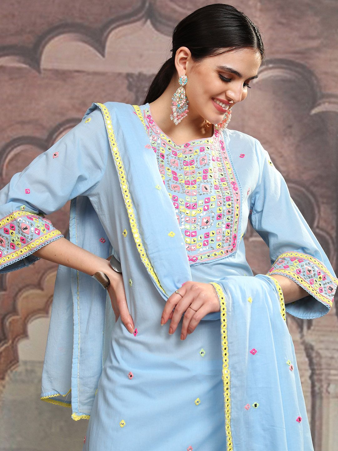 Vishudh Blue Embroidered Mirror Work Pure Cotton Straight Kurta With Trousers & Dupatta