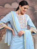 Vishudh Blue Embroidered Mirror Work Pure Cotton Straight Kurta With Trousers & Dupatta