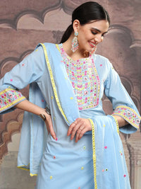 Vishudh Blue Embroidered Mirror Work Pure Cotton Straight Kurta With Trousers & Dupatta