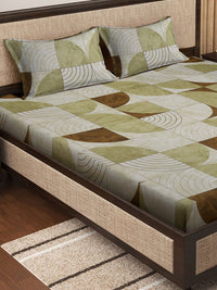 KLOTTHE Olive & Brown Printed 400 TC Pure Cotton Super King Bedsheets with 2 Pillow Cover