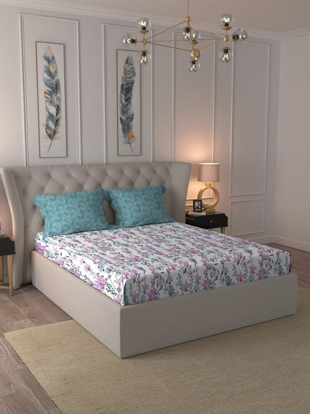 MYTRIDENT Violet  White Floral Cotton 144 TC Queen Bedsheet With 2 Pillow Covers