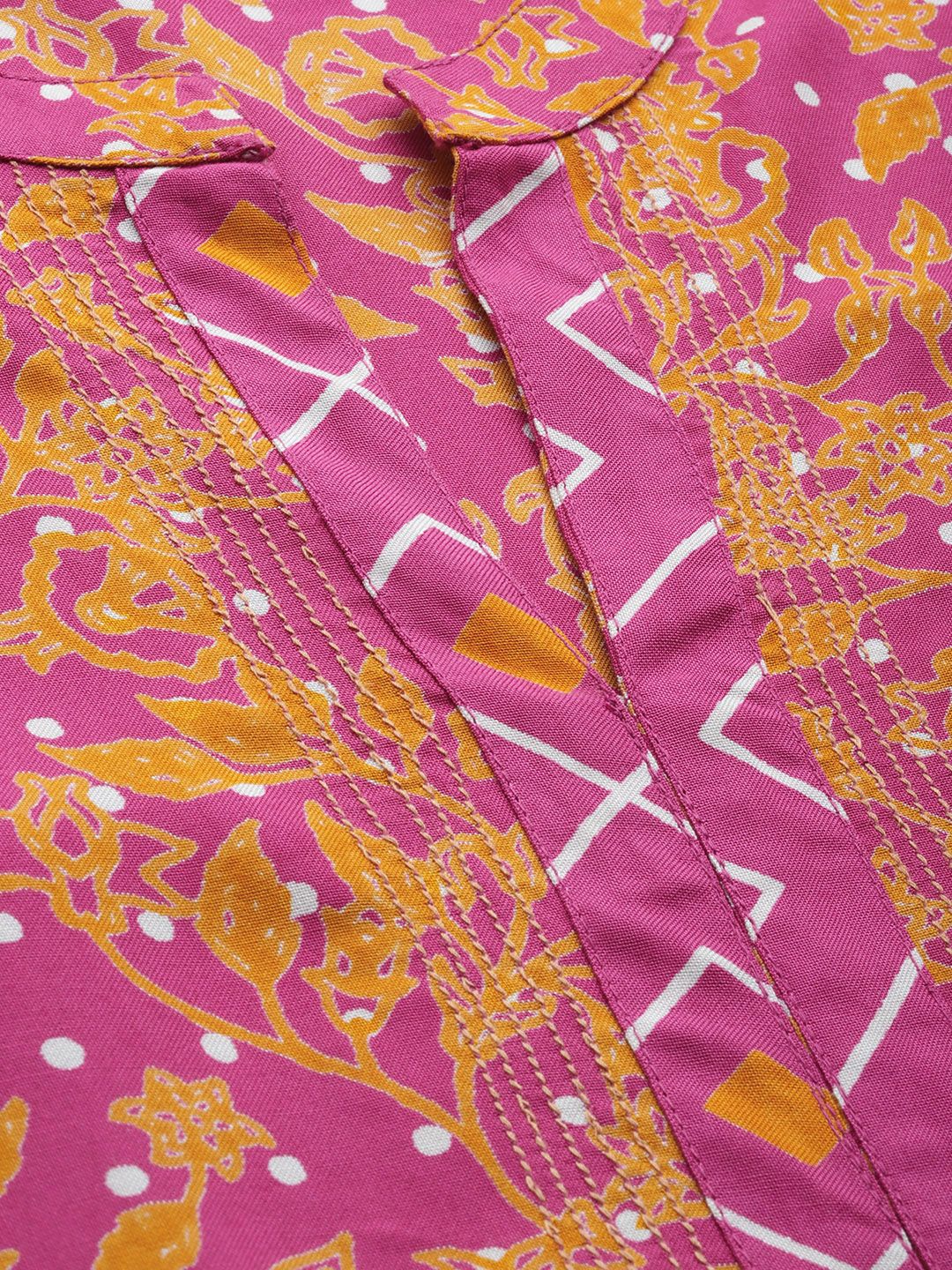 Anouk Women Pink & Mustard Yellow Printed A-Line Kurta