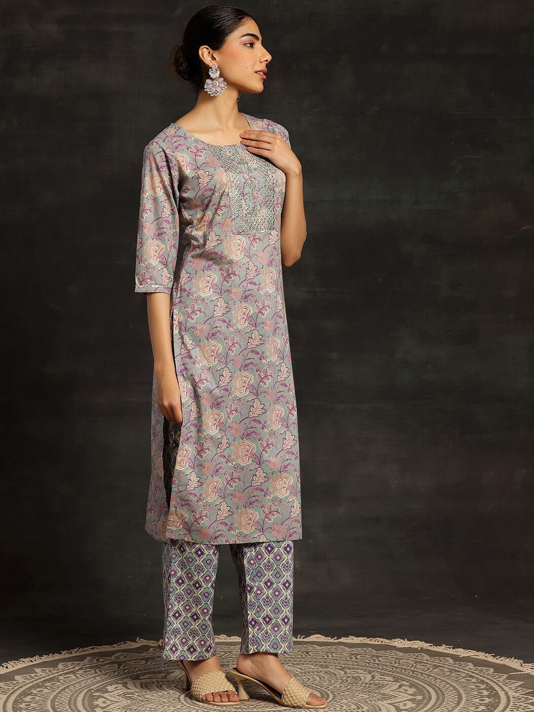 Libas Floral Printed Regular Sequinned Pure Cotton Kurta with Trousers & Dupatta