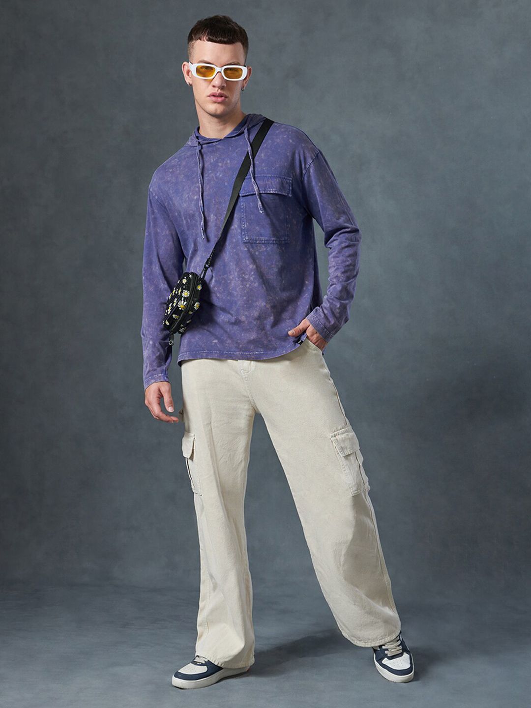 Bewakoof Acid Wash Hooded Long Sleeves Pockets Cotton Oversized T-shirt