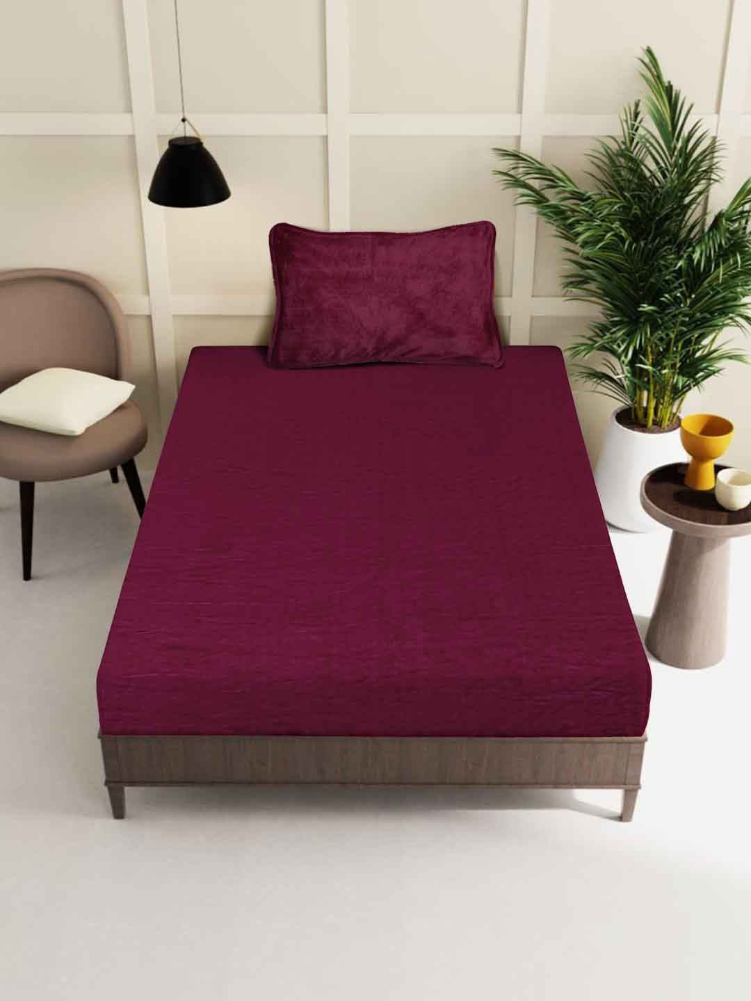 KLOTTHE Maroon Woolen 300 TC Single Bedsheet With Pillow Cover