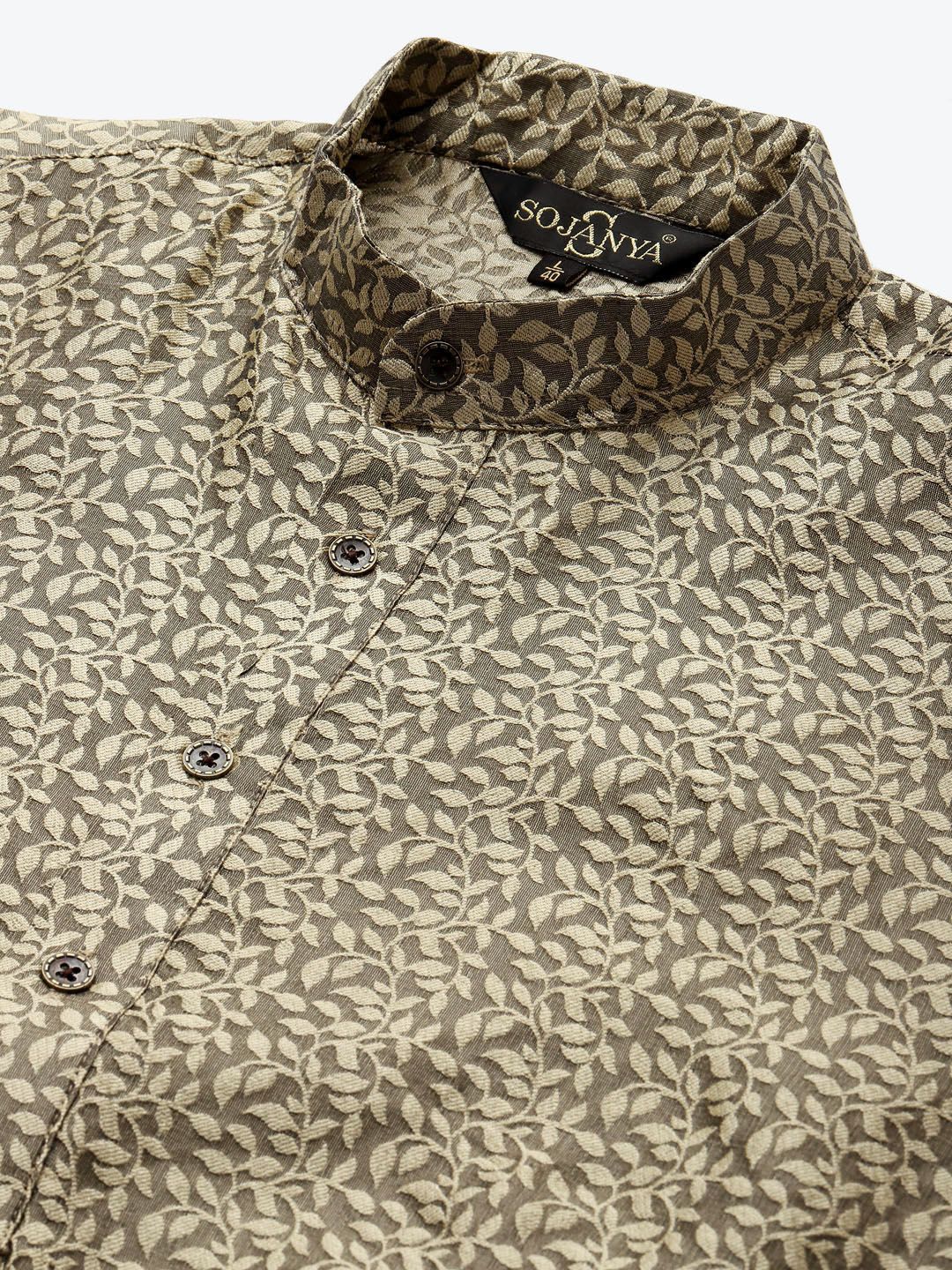 SOJANYA Men Beige Woven Design Jacquard Silk Straight Kurta