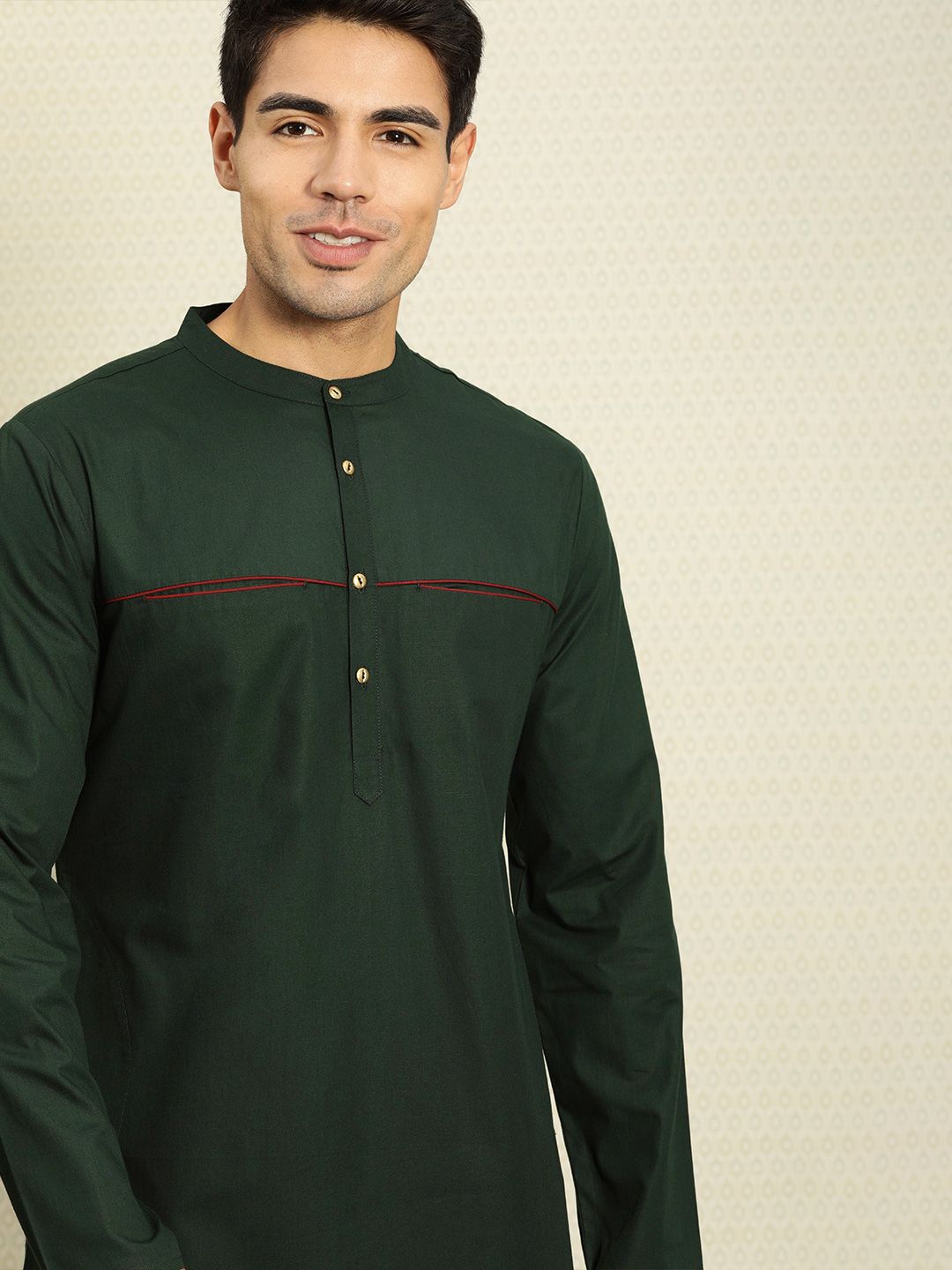 House of Pataudi Men Green Solid Straight Kurta