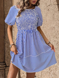 DressBerry Striped Smocked Tie-Ups Back Fit & Flare Dress
