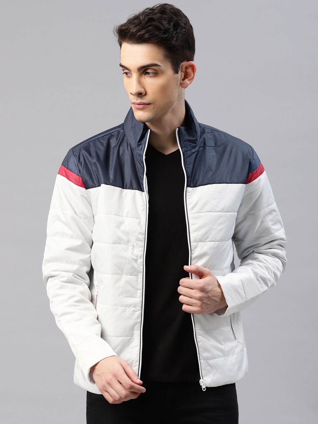 HRX by Hrithik Roshan Men White & Navy Blue Colourblocked Padded Jacket
