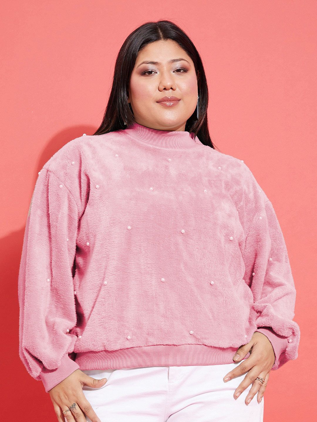 SASSAFRAS Curve Plus Size Embellished High Neck Long Sleeve Fleece Pullover Sweatshirt