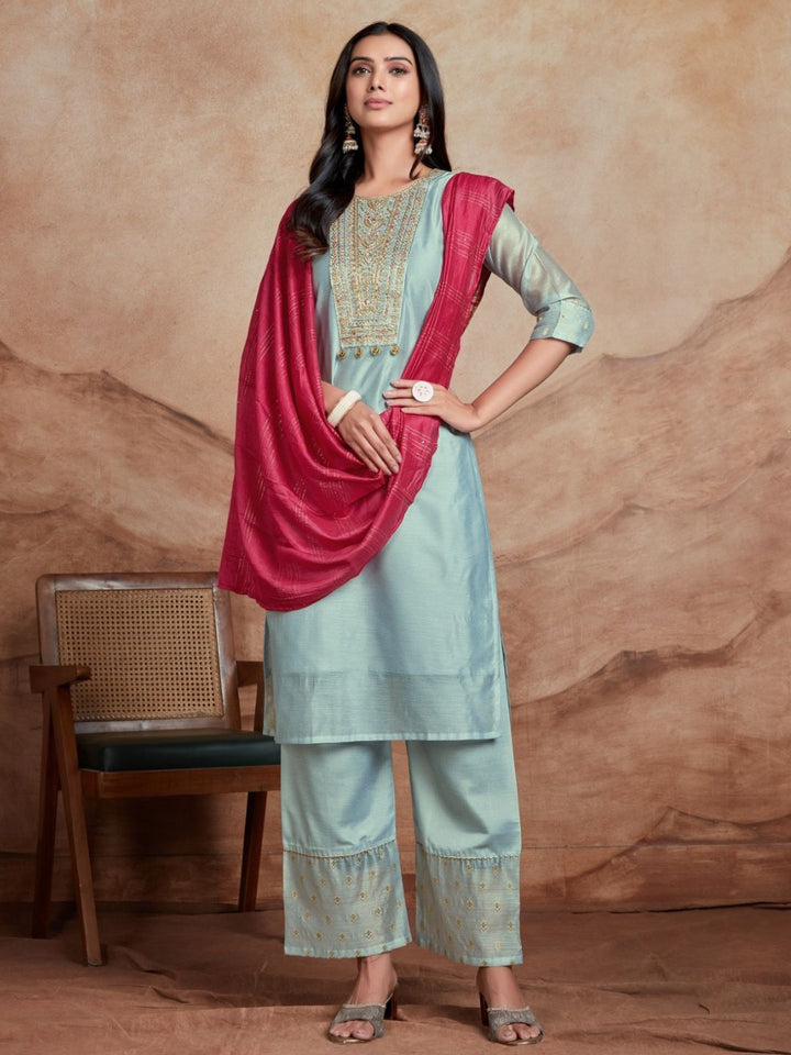 KALINI Ethnic Motifs Embroidered Round Neck Sequinned Kurta with Palazzos & Dupatta