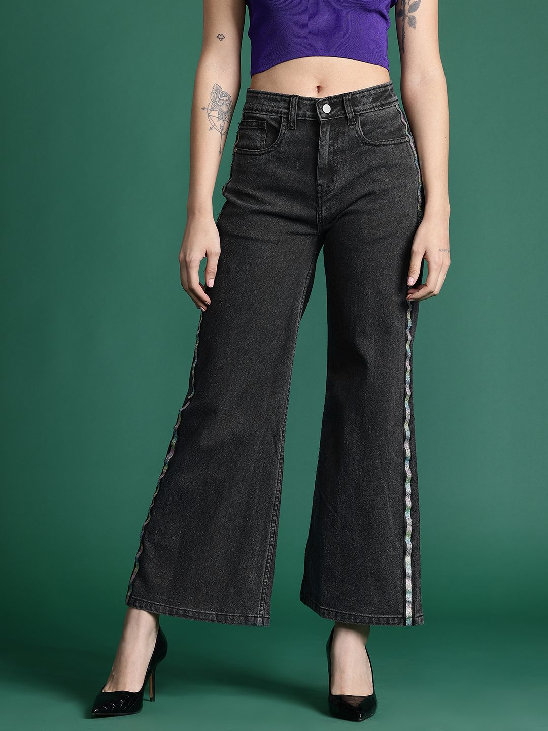 DressBerry Women Wide Leg with Side Stripe Stretchable Jeans